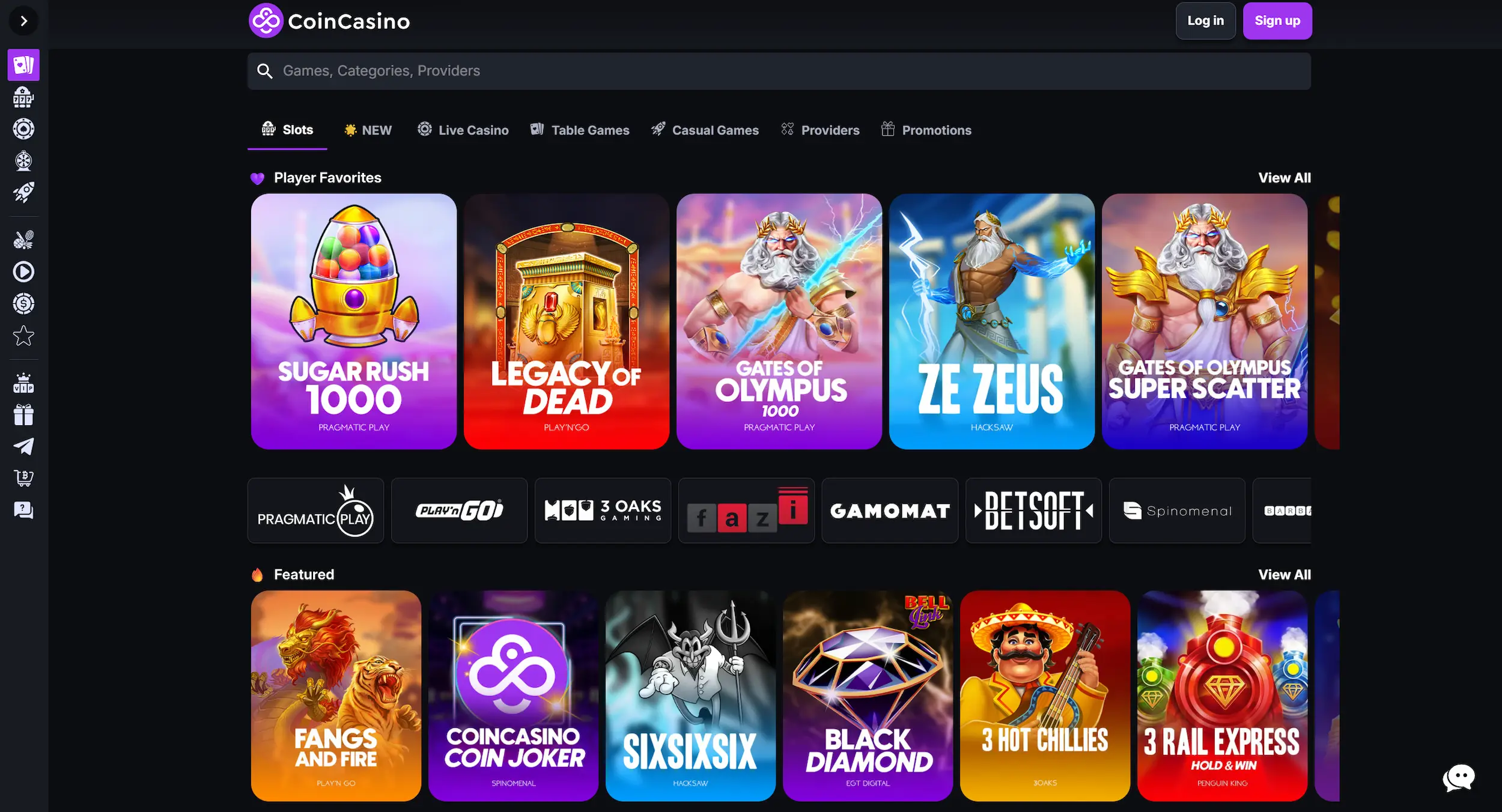 CoinCasino frontpage showing selection of online pokies, game providers and site navigation