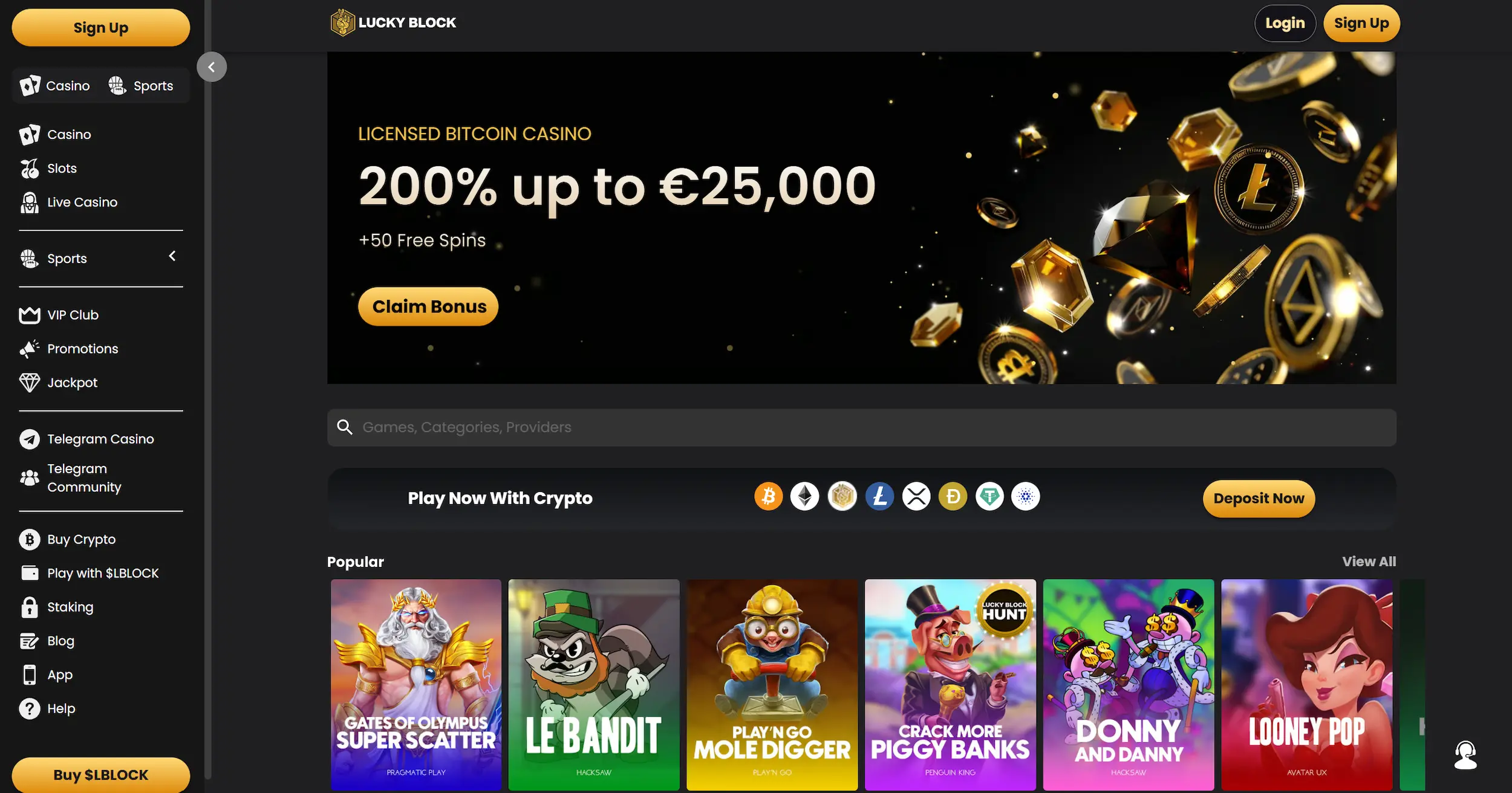 Lucky Block casino frontpage showing welcome bonus offer, selection of online pokies and site navigation