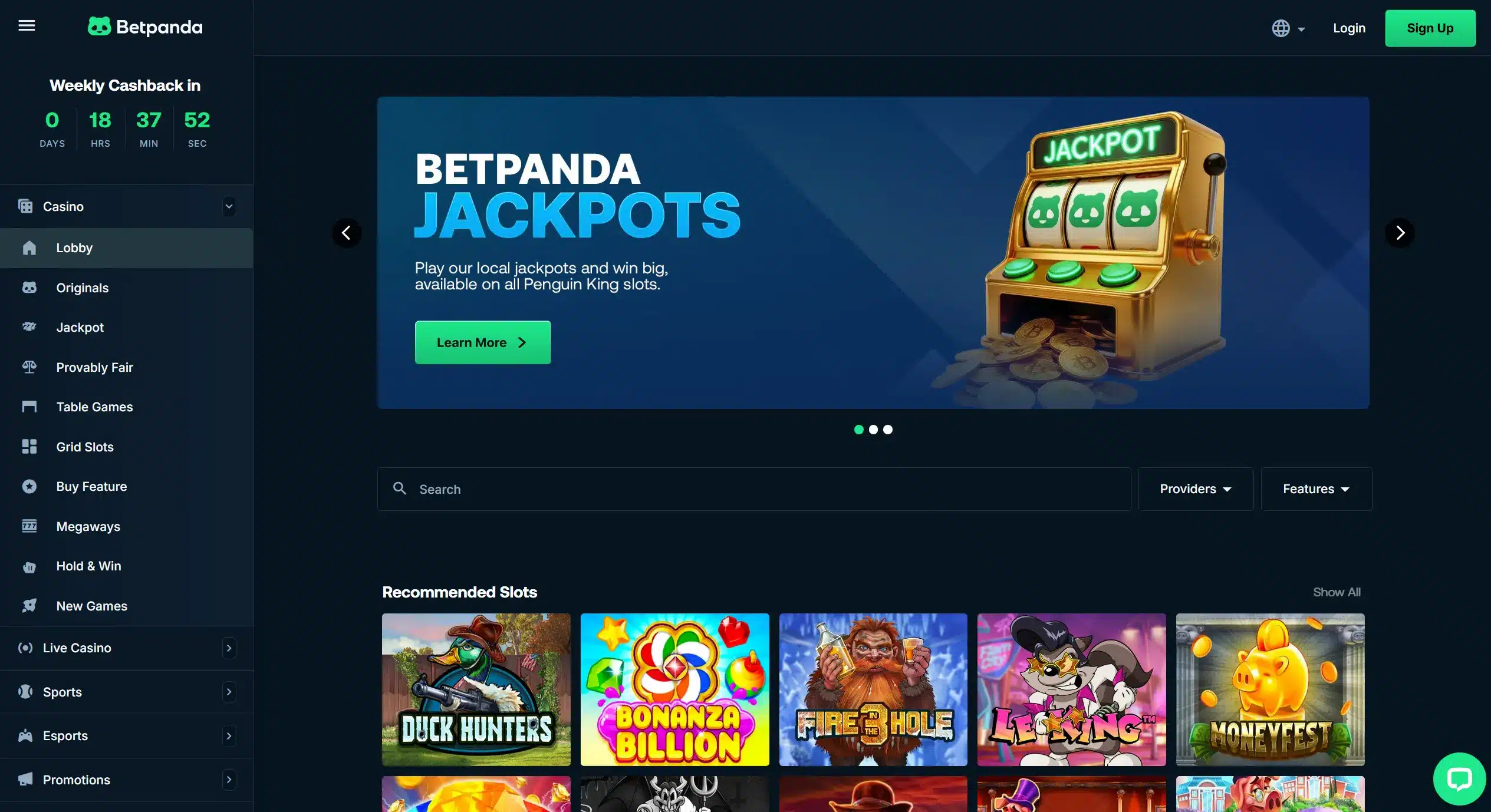 Betpanda casino page showing recommended online pokies and site navigation